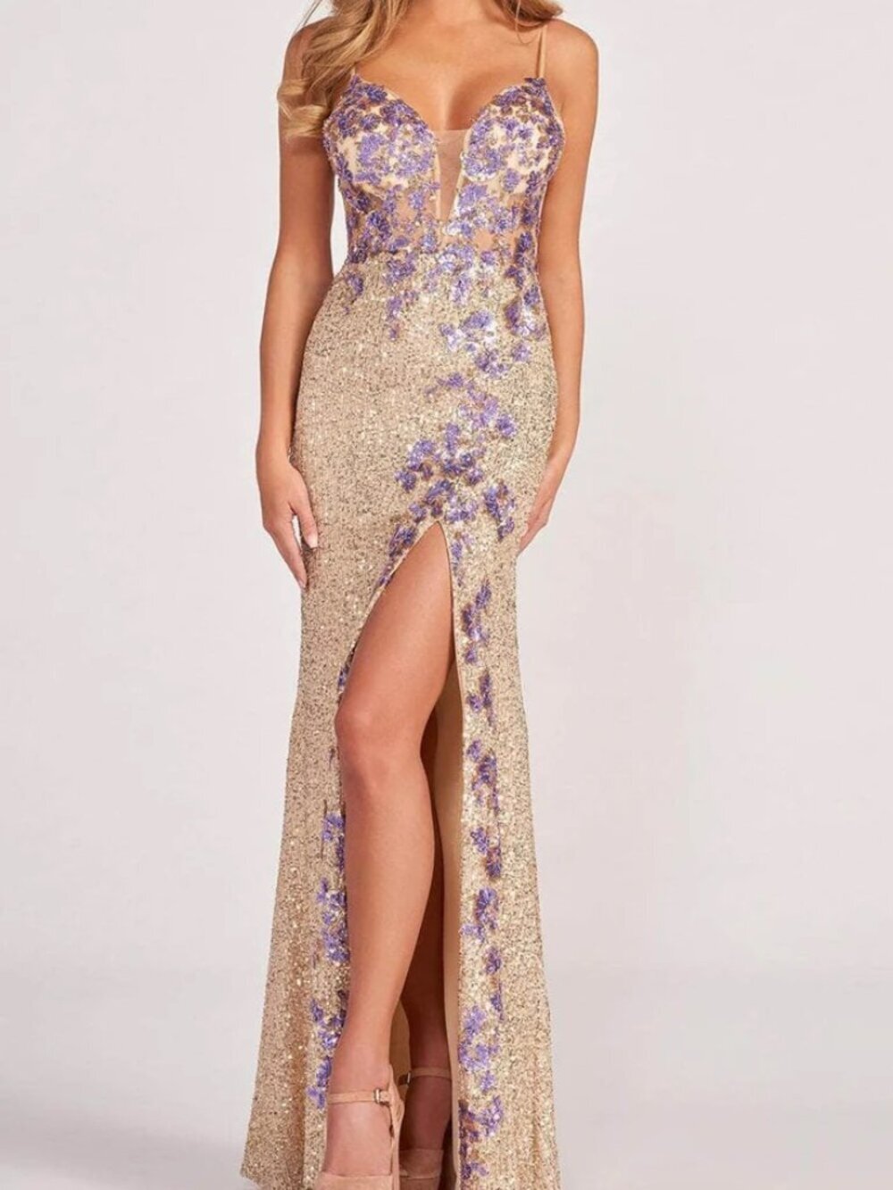NWT Colette CL2049 Stretch Sequin Prom Dress Gold Lilac Size 10